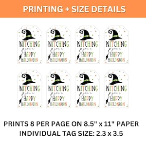 Printing guide showing eight Halloween witch tags per US Letter page and an individual tag size of approximately 2.3 by 3.5 inches.