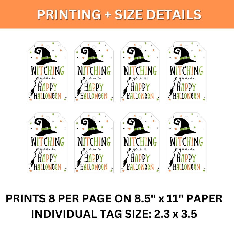 Printing guide showing eight Halloween witch tags per US Letter page and an individual tag size of approximately 2.3 by 3.5 inches.