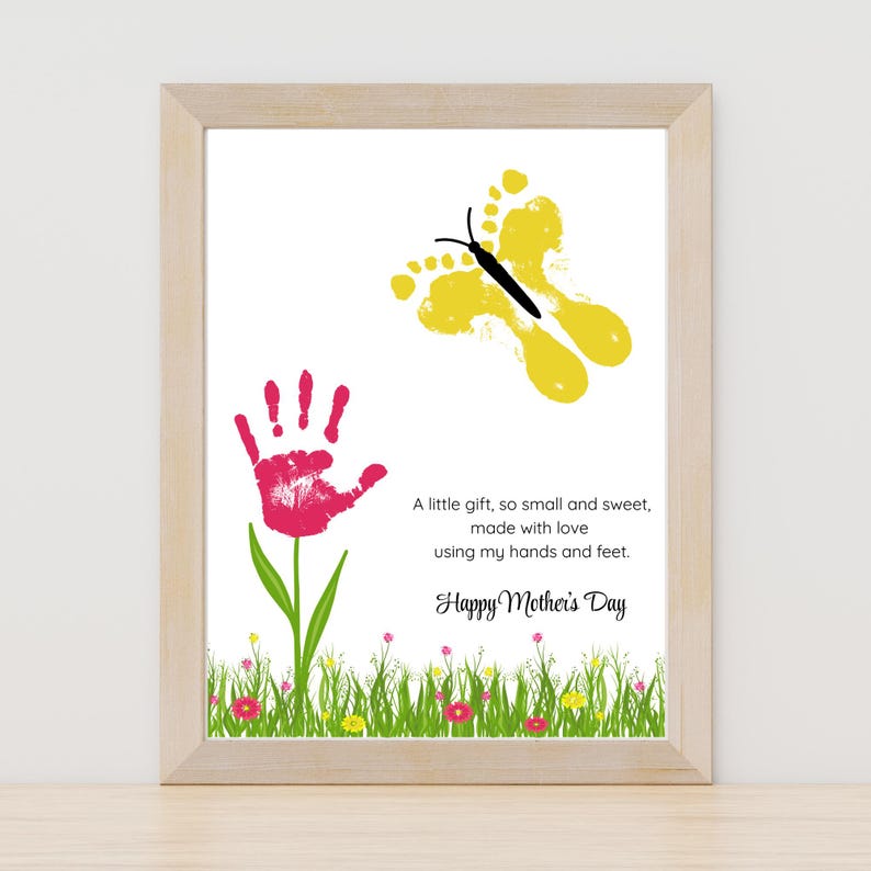 Mother’s Day handprint and footprint craft printable. Handprint forms a flower, footprints form a butterfly. Instant download PDF in 8x10, 8.5x11, 11x14, and A4 sizes.