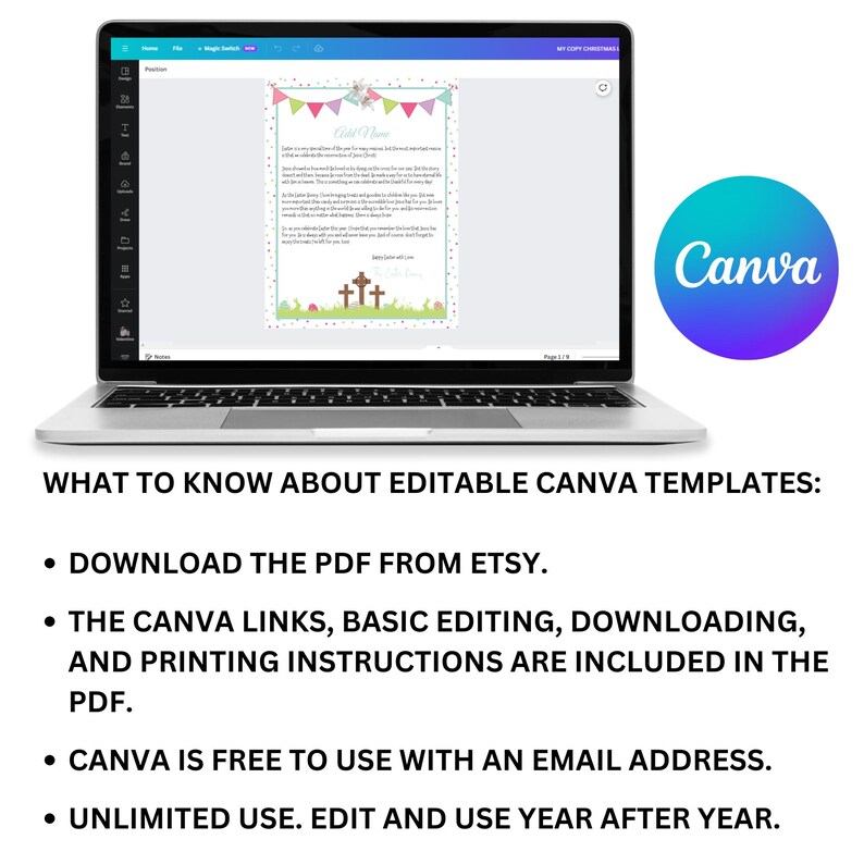 May include: A laptop screen displaying a Canva design template with a pastel pink, green, and blue color scheme. The template features a cross with a banner that says "Child's Name". The text below the image says "Download the PDF from Etsy. The Canva links, basic editing, downloading, and printing instructions are included in the PDF. Canva is free to use with an email address. Unlimited use. Edit and use year after year."
