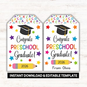 Preschool Graduation Gift Tag, Editable Class of 2026 (Digital Download)