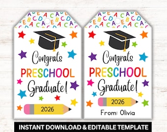 Etiqueta de regalo de graduación de preescolar, editable, promoción de 2026 (descarga digital)