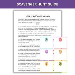 May include: A printable Easter scavenger hunt guide with colourful illustrations and instructions for a fun activity. The guide includes clues related to the Easter story, such as Jesus's last supper, his journey to Calvary, and his resurrection.