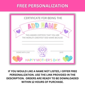 Greatest Aunt Certificate Printable | Mother's Day Gift | Birthday Gift ...