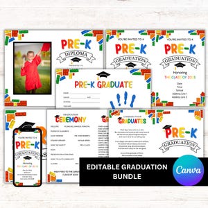 Paquete editable de graduación de preescolar: diploma de graduación, invitación, programa, recuerdo, plantilla de Canva, PDF