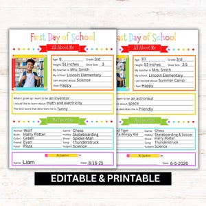 First Day of School Interview Printable, School Memory, Editable and Instant Download School Keepsake