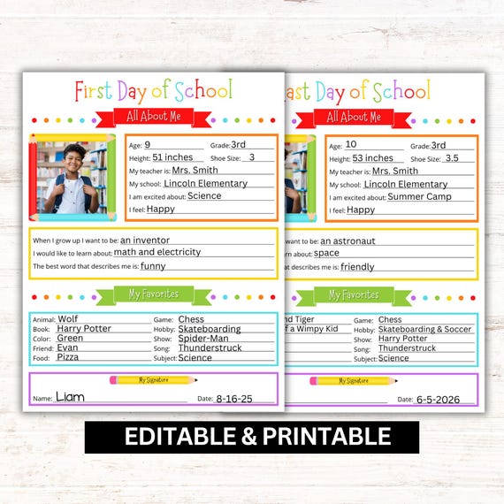First Day of School Interview Printable: School Memory Keepsake (Digital Download, Editable Canva Template)
