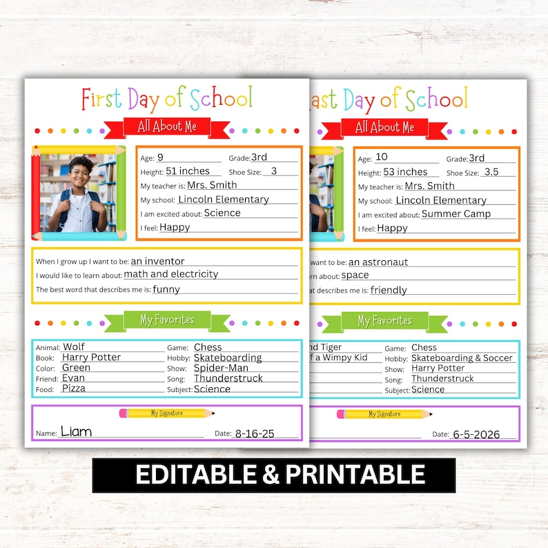 First day of school interview printable with photo box and fun prompts.