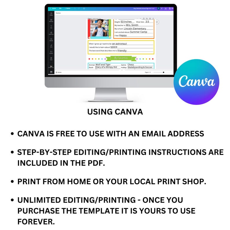 Editable Canva school keepsake template for children’s school milestones.