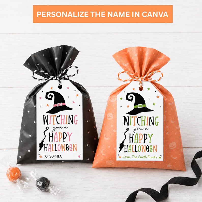 Black and orange Halloween goodie bags with personalized witch gift tags reading To Sophia and Love, The Smith Family.