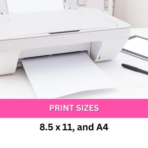 May include: A white printer with a sheet of paper feeding through the output tray. The text "PRINT SIZES 8.5 x 11, and A4" is displayed below the printer.