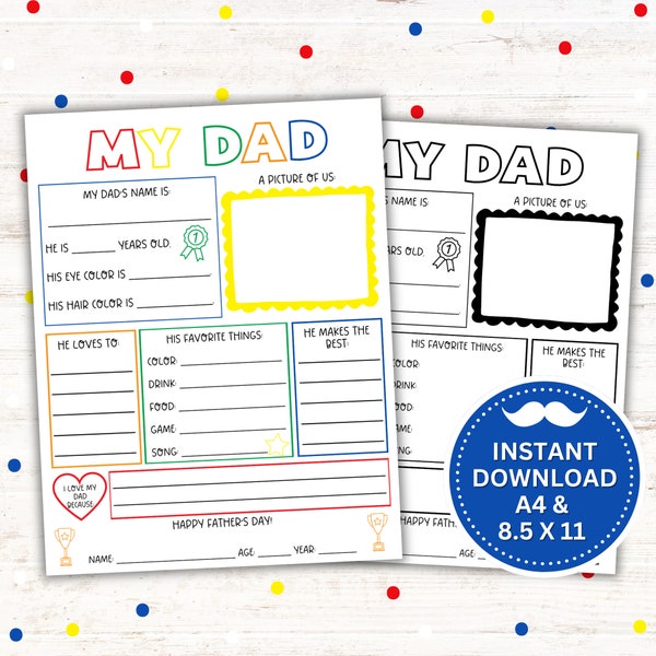 All About My Dad Printable - Father's Day Gift - Instant Download - Printable PDF - Fun Prompts for Kids - Classroom Activity