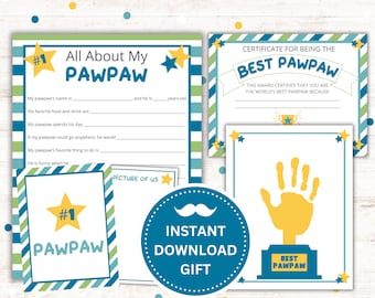 Puede incluir: Conjunto de tarjetas imprimibles para el Día del Padre con un esquema de color azul, verde y amarillo. El conjunto incluye un certificado que dice "Mejor Pawpaw", una página para completar "Todo sobre mi Pawpaw" y una página de huella de mano con el texto "Mejor Pawpaw".