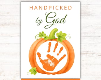 Christliche Herbst-Handabdruck-Vorlage, Kürbisbastelidee „Von Gott auserwählt“, Glaubensbasierte Erinnerung für Kinder (PDF)