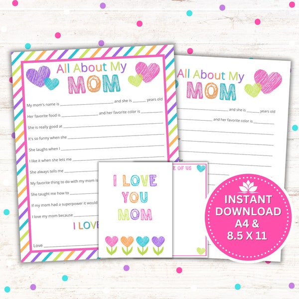 Mother's Day Gift - All About My Mom Printable - Instant Download PDF - 8.5 x 11 and A4