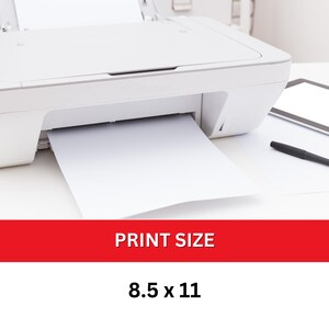 May include: A white printer with a sheet of paper feeding through the output tray. The paper is 8.5 x 11 inches.