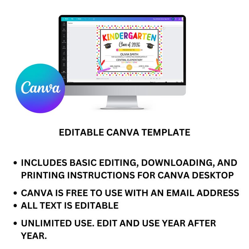 Kindergarten diploma editable Canva template with instructions for editing downloading and printing the file