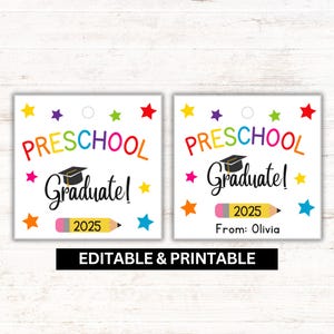 Printable Preschool Graduation Gift Tags | Editable Square Tags | Class of 2025 Favor Tags | End of Year Teacher Gifts | Instant Download