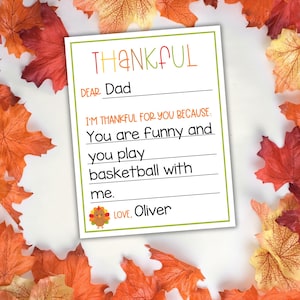 Printable “I’m Thankful For You” gratitude cards with the message “Dear… I’m thankful for you because…” — instant download PDF with 4-per-page or full-sheet printing options, perfect for Thanksgiving classroom or family use.
