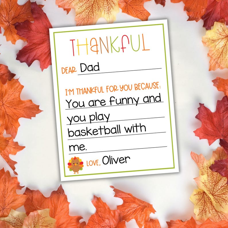 Printable “I’m Thankful For You” gratitude cards with the message “Dear… I’m thankful for you because…” — instant download PDF with 4-per-page or full-sheet printing options, perfect for Thanksgiving classroom or family use.