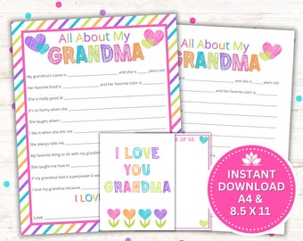 Cadeau pour la fête des mères - Tout sur ma grand-mère à imprimer - Cadeau d'anniversaire - Fête des grands-parents - Téléchargement instantané au format PDF