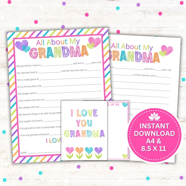 Mother's Day Gift - All About My Grandma Printable - Birthday Gift - Grandparents Day - Instant Download PDF