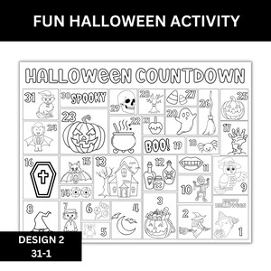 Printable Halloween activity calendar for kids with 31 coloring prompts, perfect for October fun.