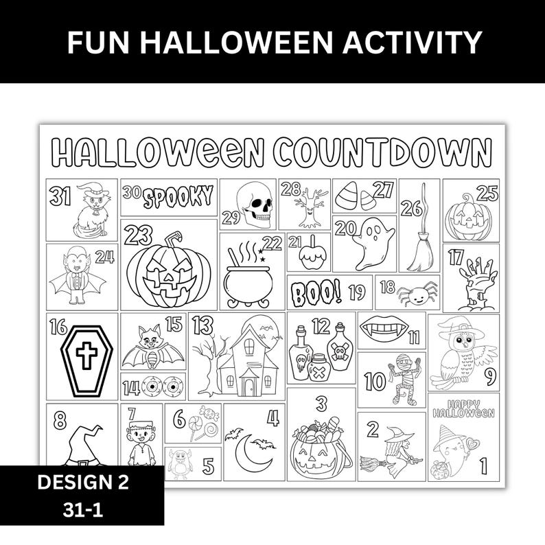 Printable Halloween activity calendar for kids with 31 coloring prompts, perfect for October fun.