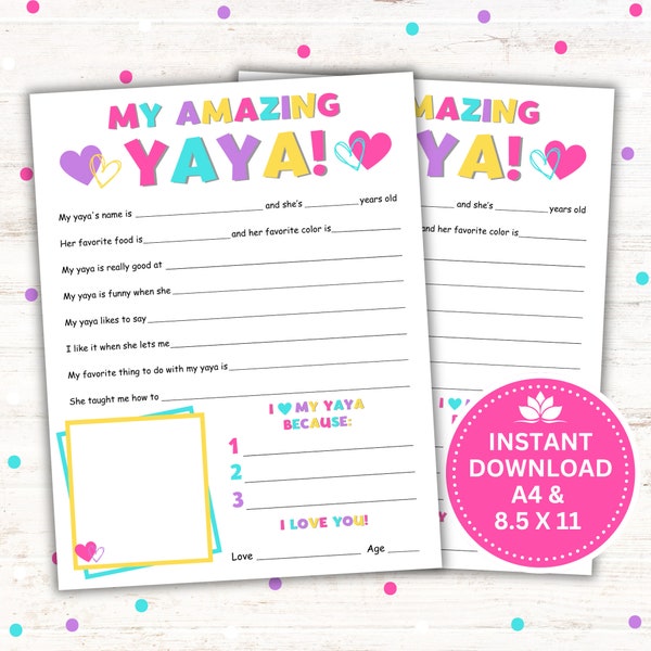 Mother's Day Gift, My Amazing Yaya Printable, Grandparents Day Gift, Instant Download PDF, 8.5 x11 & A4