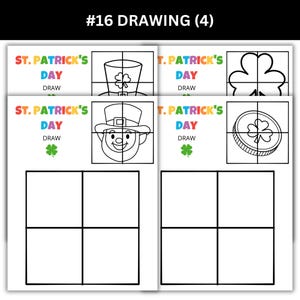 Four quadrant drawing. Includes a leprechaun, leprechaun hat, shamrock, and gold coin.