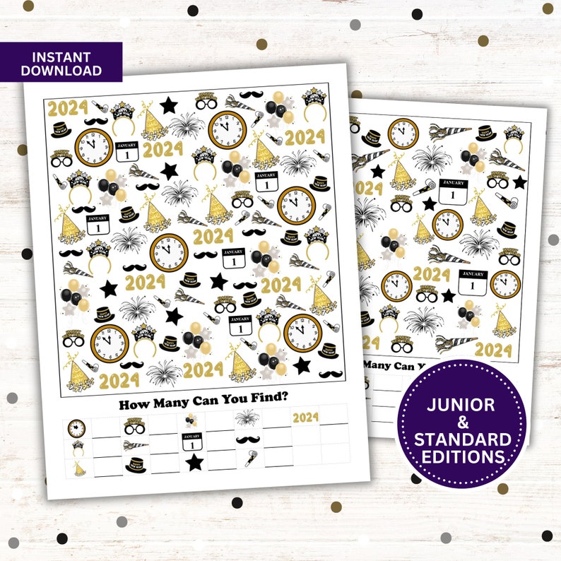 May include: Two printable black and white New Year's Eve I Spy game sheets. The sheets feature a variety of New Year's Eve themed images including a clock, party hats, fireworks, glasses, mustaches, and the number 2024. The sheets are titled 'How Many Can You Find?' and 'Junior & Standard Editions.' 