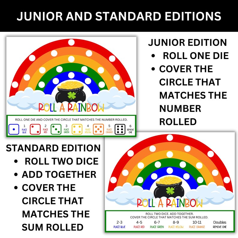St Patrick’s Day roll a rainbow printable dice game for kids classroom math activity