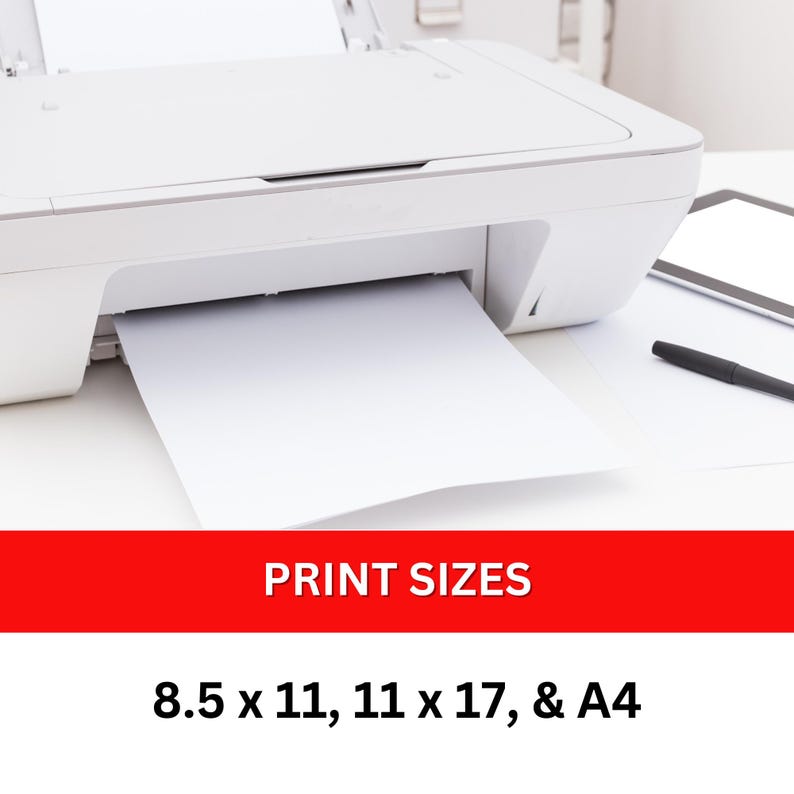 May include: A white printer with a sheet of paper feeding through the output tray. The text "PRINT SIZES" is displayed in red above the text "8.5 x 11, 11 x 17, & A4" in black.