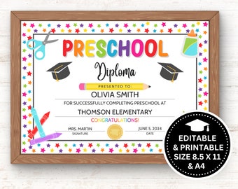 Preschool Graduation Diploma, Graduation Ceremony, Editable Certificate, Instant Download PDF