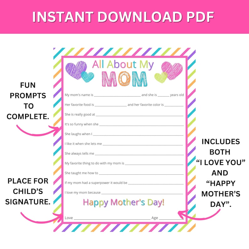 Puede incluir: Una tarjeta del D&iacute;a de la Madre imprimible con un dise&ntilde;o colorido y sugerencias para que los ni&ntilde;os rellenen informaci&oacute;n sobre su madre. La tarjeta incluye el texto "Todo sobre mi mam&aacute;" y "&iexcl;Feliz D&iacute;a de la Madre!"