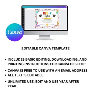 editable preschool diploma template for teachers and classrooms. editable in Canva.