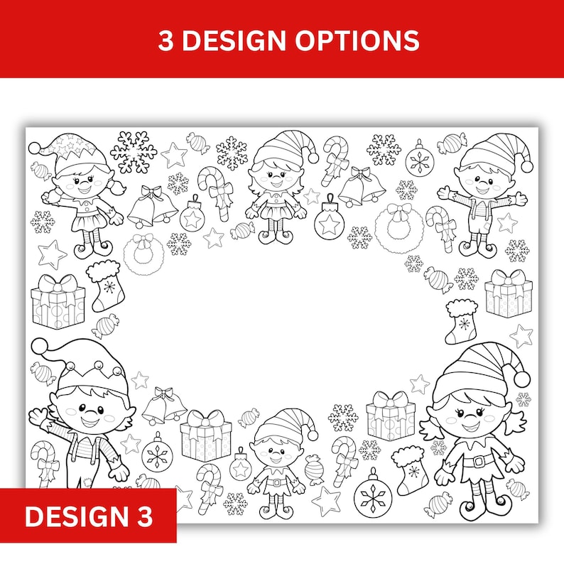 May include: Black and white printable coloring page featuring a border of Christmas elves and holiday decorations. The text "DESIGN 3" is at the bottom of the page.