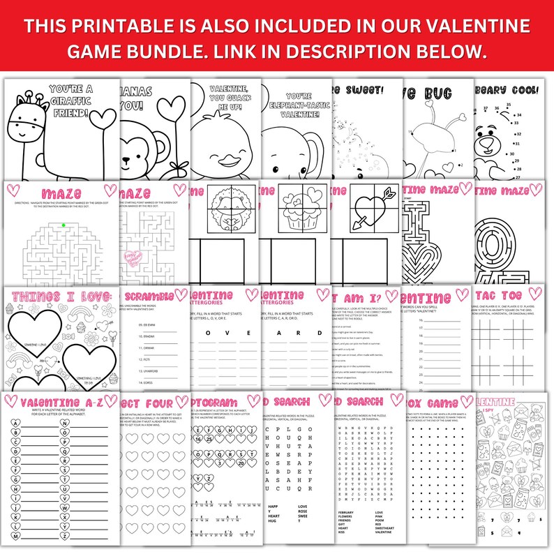 May include: A printable Valentine's Day activity booklet with a variety of games and activities for kids. The booklet includes mazes, word searches, connect the dots, and more. The pages are black and white and feature cute illustrations of animals and hearts.