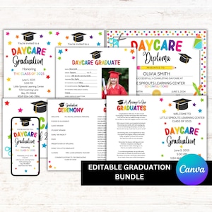 Paquete de graduación de guardería, conjunto de graduación editable en Canva, diploma de guardería, invitación, recuerdo, programa, PDF imprimible
