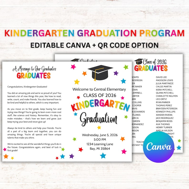Editable Kindergarten Graduation Program Template Canva QR Code Sign ...