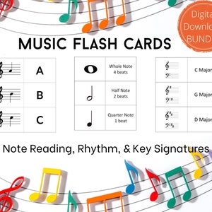 Lot de cartes flash de musique | Lecture de notes, rythme, cartes flash de signature de clé | Cartes flash imprimables pour apprendre à lire de la musique