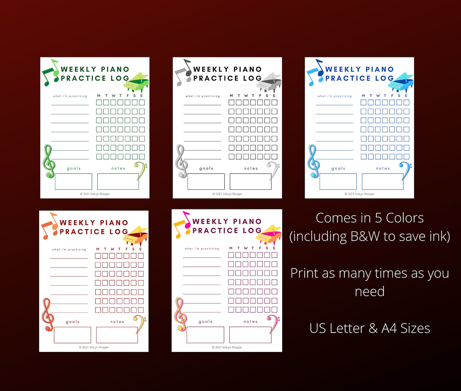 Piano Weekly Practice Chart Printable Practice Charts for Music Students and Teachers Etsy Canada