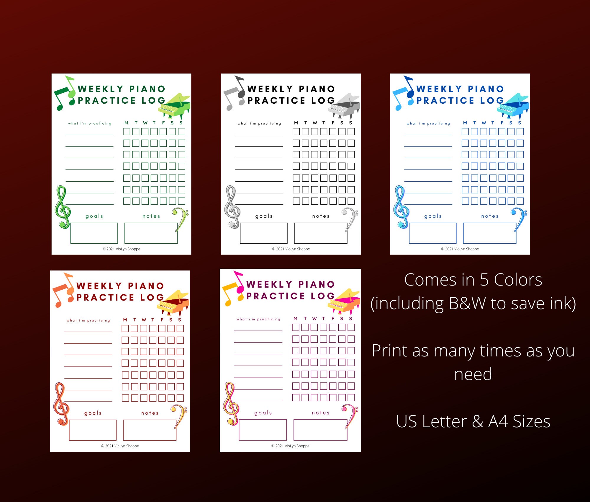 Piano Weekly Practice Chart Printable Practice Charts for | Etsy