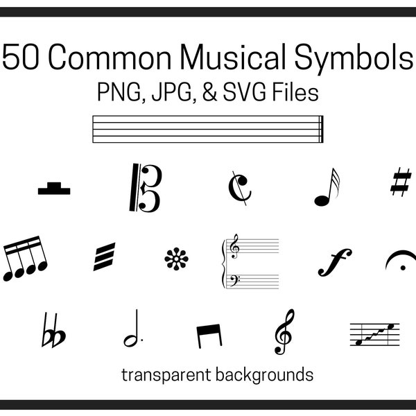 Musical Notation PNG, JPG, SVG | Music Symbols Clip Art | Printable Bundle of 50 Symbols