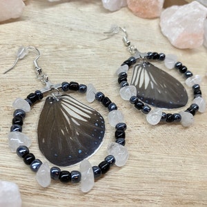 Black and White Butterfly Wing and Quartz Crystal Earrings