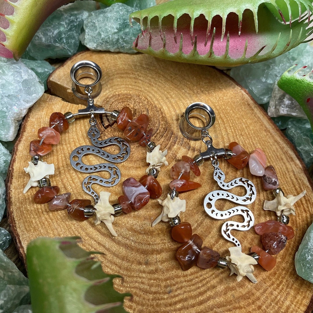 00g Oddity Gauges With Snake Vertebrae and Orange Crystals Etsy