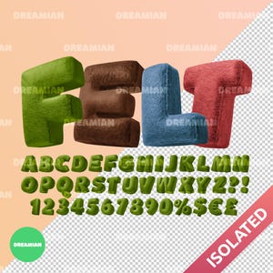 May include: A 3D rendering of the word "FELT" in green, brown, blue, and red, with a full alphabet, numbers, and symbols in green. The letters and numbers have a fuzzy texture, and the word "ISOLATED" is in the corner.