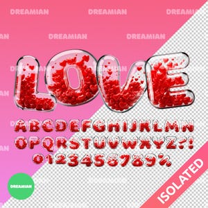Letras de amor de cristal 3D PNG / Alfabeto de cristal transparente / Descarga digital de San Valentín / Diseño romántico de sublimación