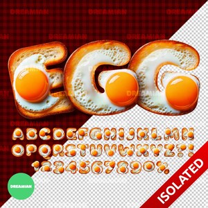 Alfabeto de Ovo PNG | Letras de Ovo em Torrada | Clipart de Comida de Café da Manhã | Letras Transparentes 3D para Crianças e Design de Cardápio