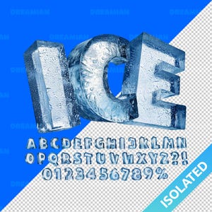 以下が含まれることがあります： 青と白の氷の3Dフォントで「ICE」という単語が書かれています。フォントには、すべての英大文字、数字、句読点が含まれています。